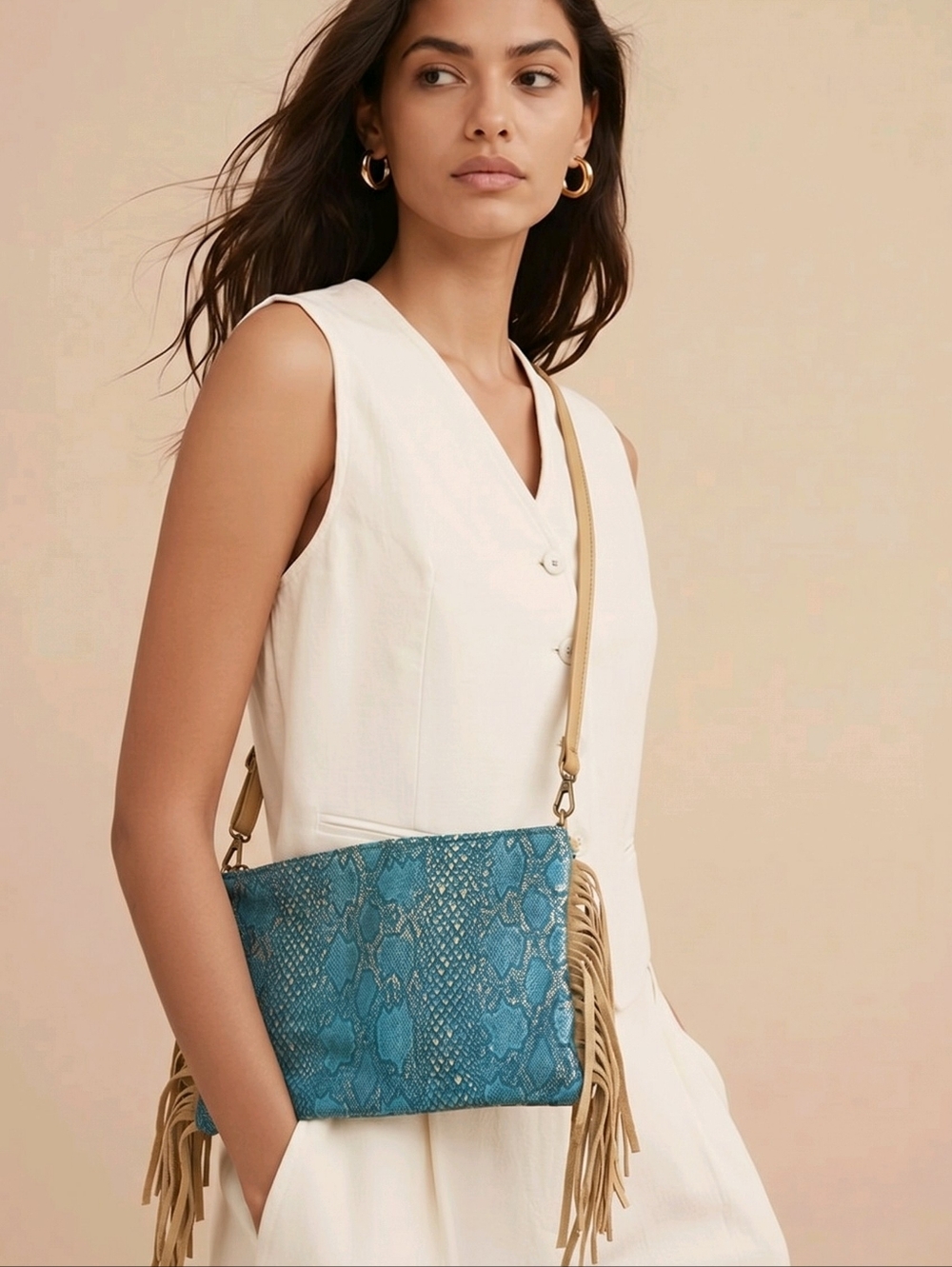 Teal Snake-Print Crossbody with Tan Fringe Strap